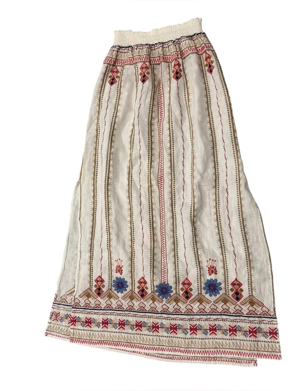Johnny Was Verena White Embroidered Linen Maxi Skirt Side Slits size Small